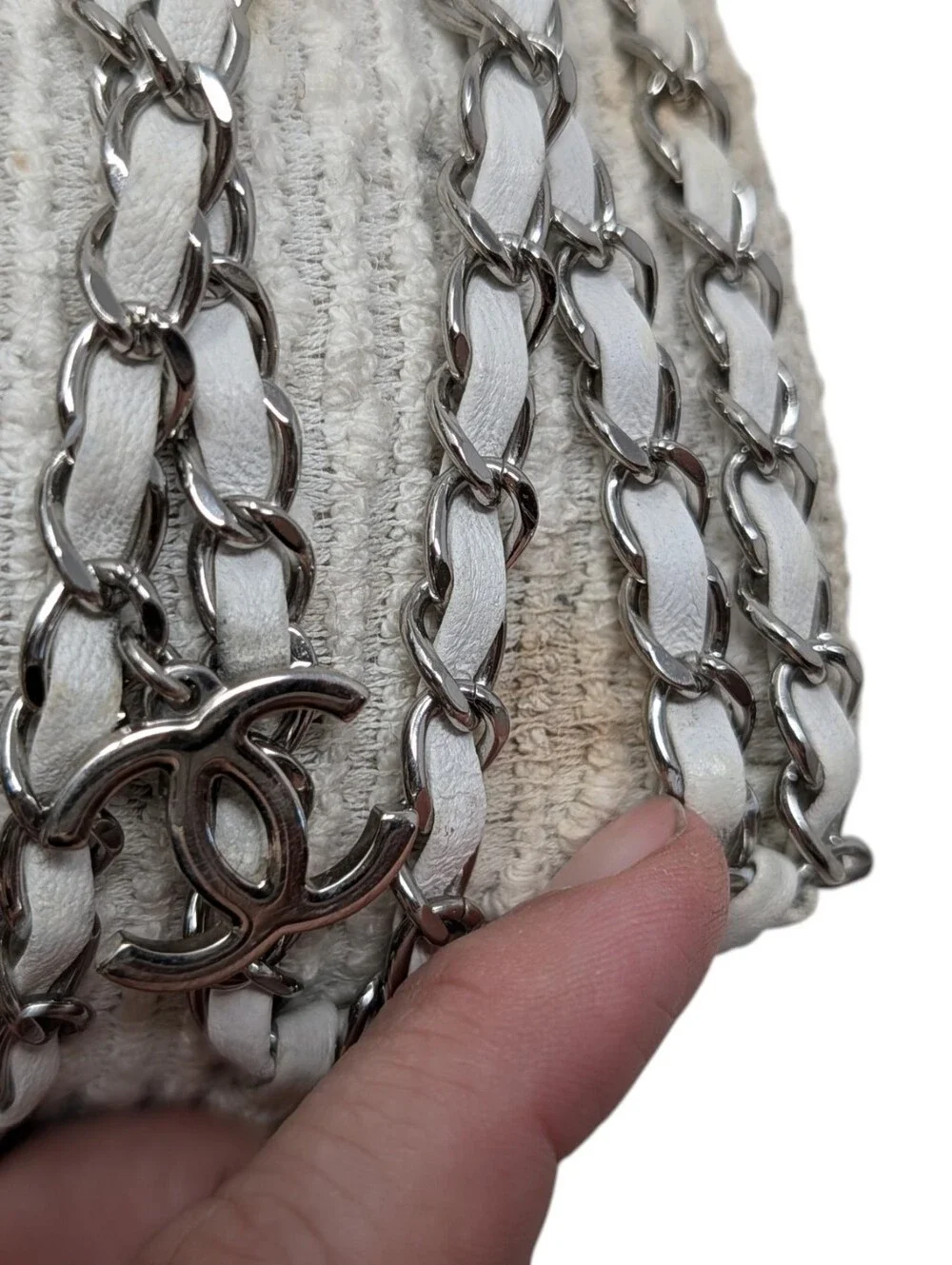 Chanel White Tweed Silver Chain Interlocking CC Charm Slide Sandals Size EU 39